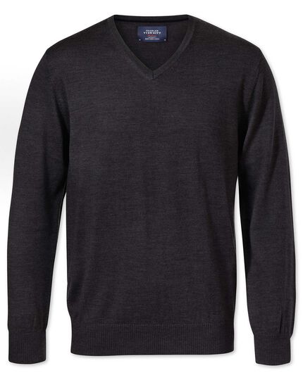 Charcoal merino wool v-neck jumper | Charles Tyrwhitt