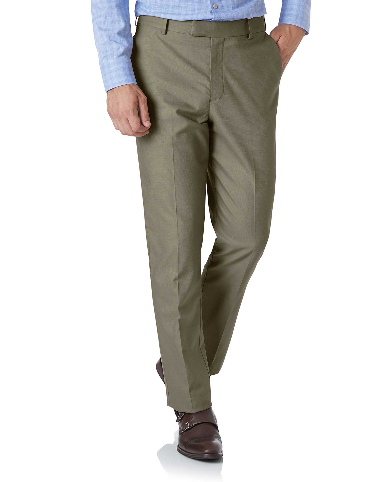 Olive Classic Fit Stretch Non-Iron Trousers Size W91 L81 by Charles Tyrwhitt