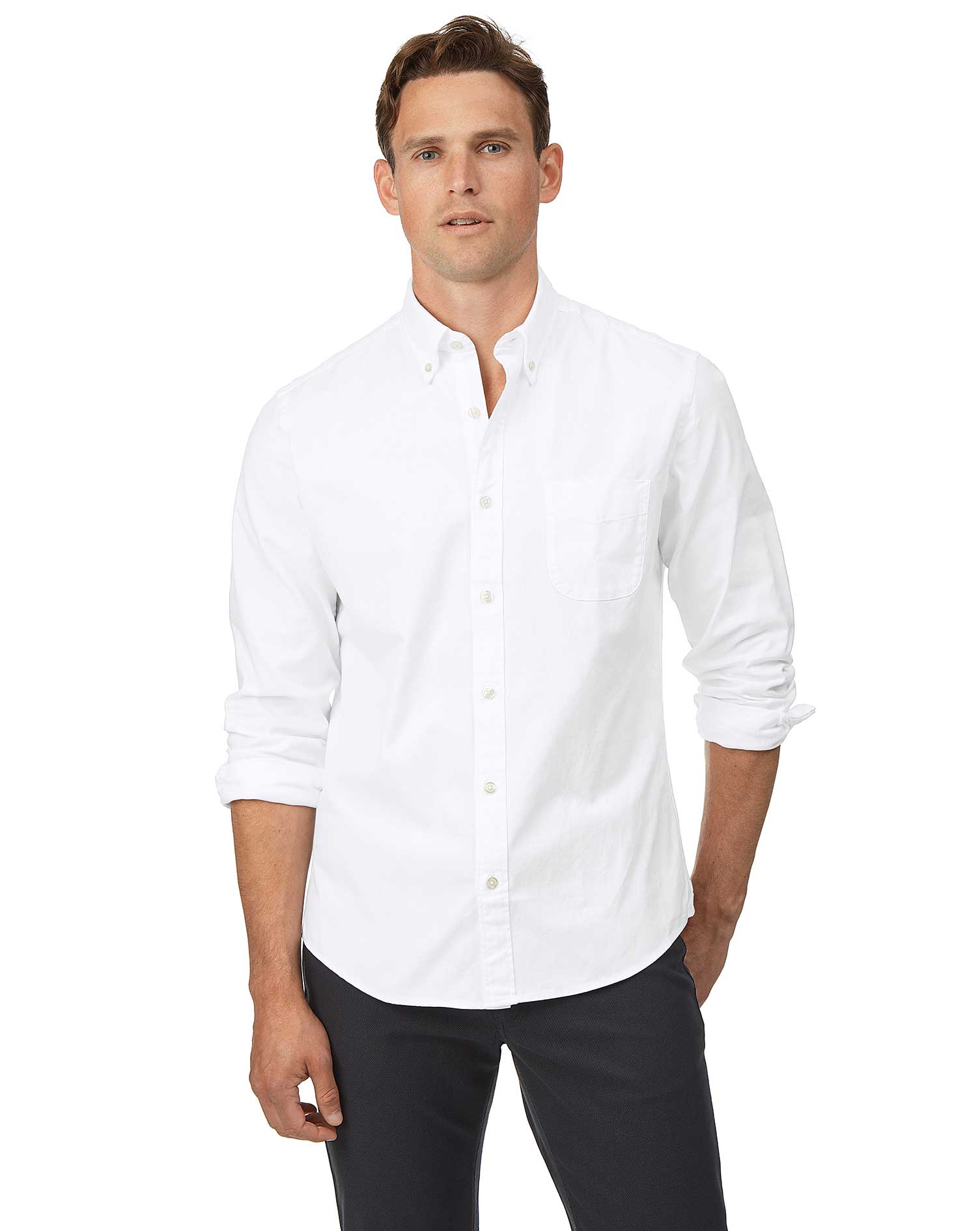 Slim fit button-down washed Oxford white shirt | Charles Tyrwhitt