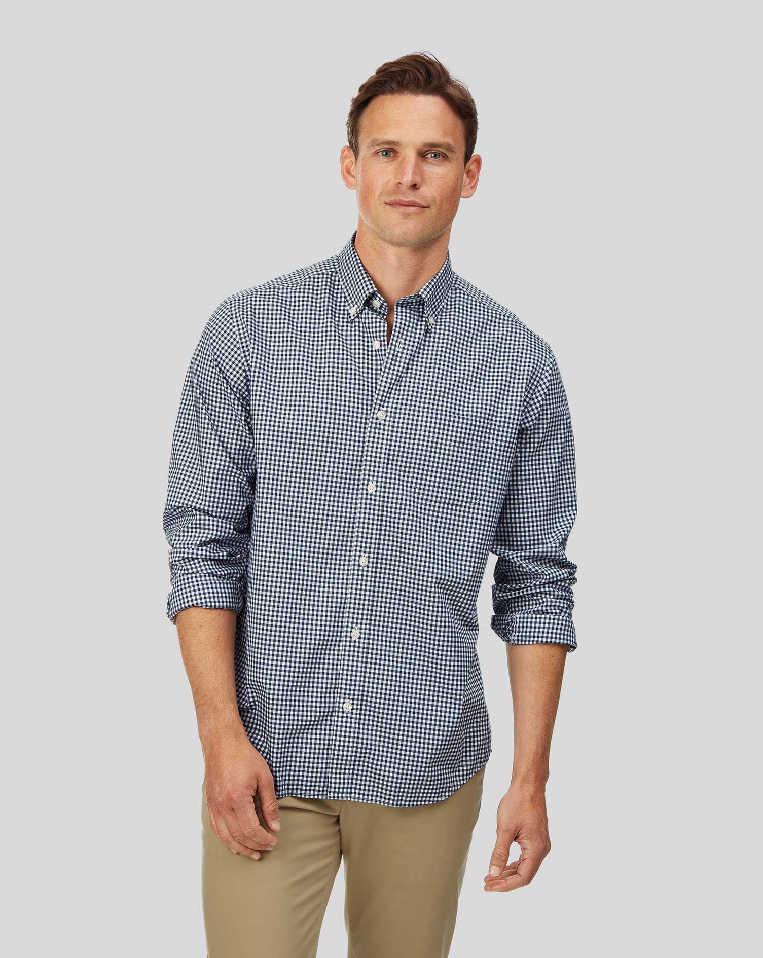 Classic fit soft washed non-iron stretch poplin gingham navy shirt ...
