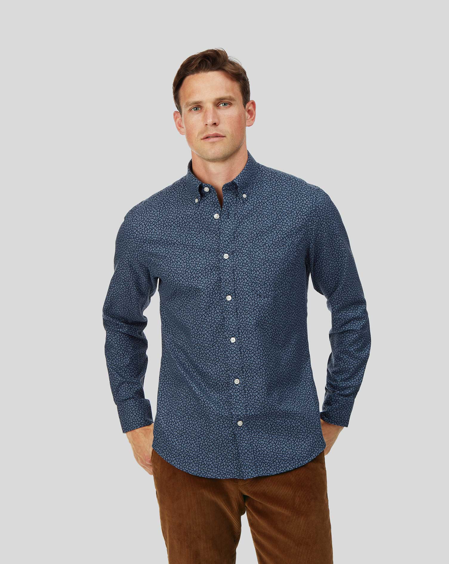 Slim fit navy print soft wash non-iron twill shirt | Charles Tyrwhitt